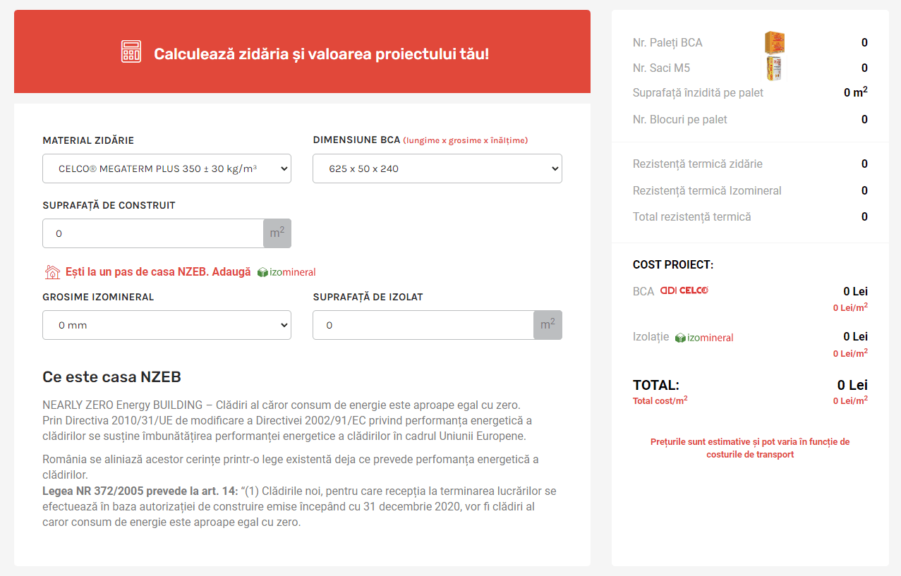 Calculator de zidarie din BCA de la CELCO